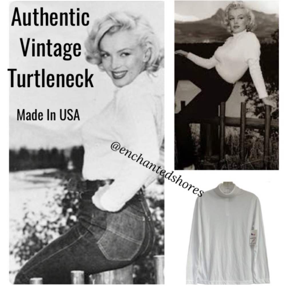Vintage 60s 70s Turtleneck Long Sleeve Shirt Made USA Retro Neutral White Size M